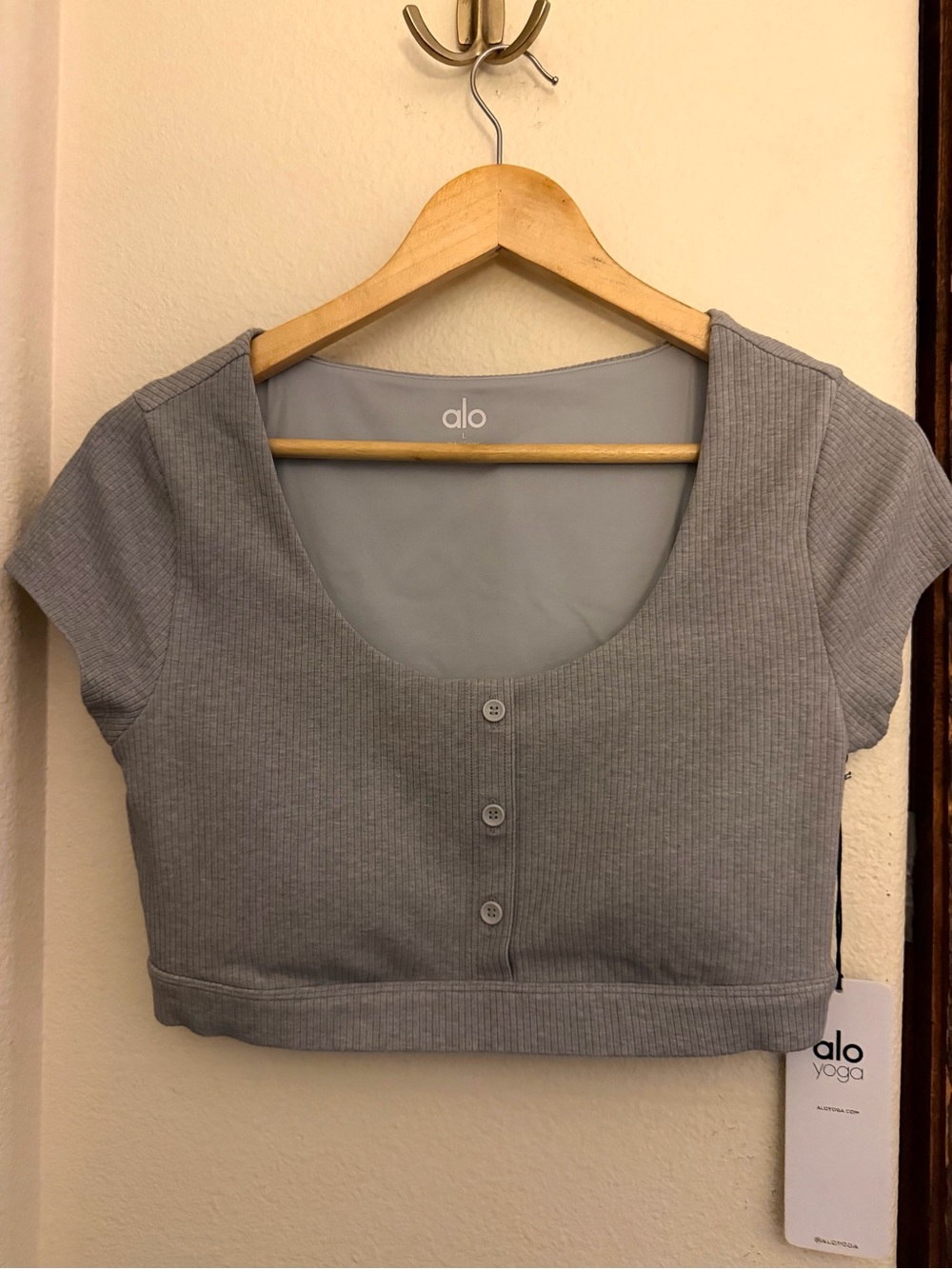ALO Yoga Grey Ribbed Scoop Neck Button-Front Crop Top